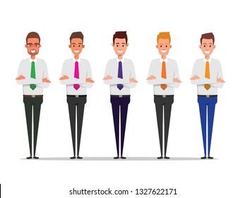 Set of businessman character in teamwork. Colleague office people in job.