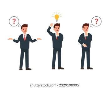 conjunto de personajes de negocios, pensamiento de hombres de negocios, hombre de negocios encontrando ilustración vectorial de ideas creativas