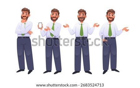 Set of businessman character with various gestures and emotions. Entrepreneur is thinking, pointing, and rejoicing. Vector illustration in cartoon style.