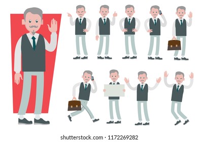 Set of Businessman character vector design doing different gestures. Presentation in various action with emotions, running, standing, walking and working.