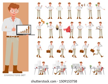 Set of businessman character vector design. Presentation in various action with emotions, running, standing and walking. People working in office planning, thinking and economic analysis.