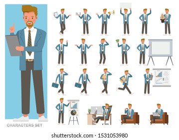 Set of businessman character vector design. Presentation in various action with emotions, running, standing and walking. People working in office planning, thinking and economic analysis.