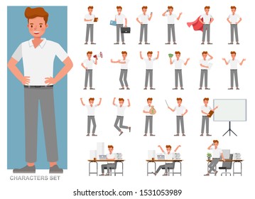 Set of businessman character vector design. Presentation in various action with emotions, running, standing and walking. People working in office planning, thinking and economic analysis.