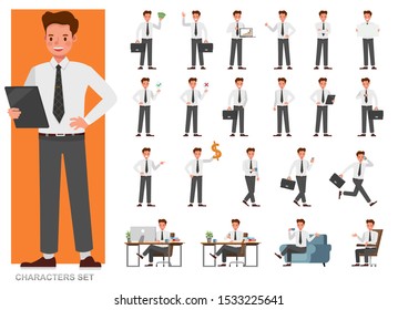 Set of businessman character vector design. Presentation in various action with emotions, running, standing and walking. People working in office planning, thinking and economic analysis.