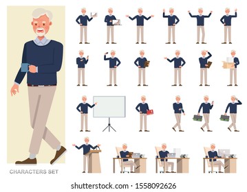 Set of businessman character vector design. Presentation in various action with emotions, running, standing and walking. People working in office planning, thinking and economic analysis.