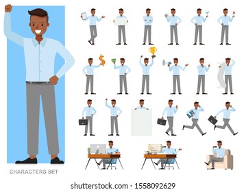 Set of businessman character vector design. Presentation in various action with emotions, running, standing and walking. People working in office planning, thinking and economic analysis.