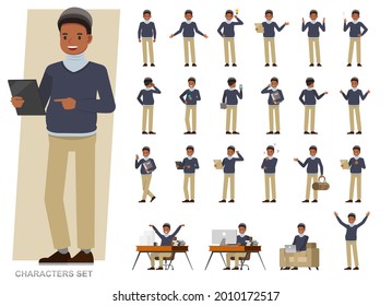 Set of businessman character vector design. Presentation in various action with emotions, running, standing and walking. People working in office planning, thinking and economic analysis.