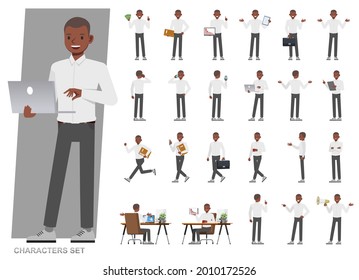 Set of businessman character vector design. Presentation in various action with emotions, running, standing and walking. People working in office planning, thinking and economic analysis.