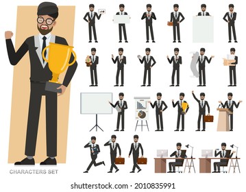 Set of businessman character vector design. Presentation in various action with emotions, running, standing and walking. People working in office planning, thinking and economic analysis.