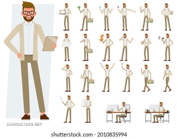 Set of businessman character vector design. Presentation in various action with emotions, running, standing and walking. People working in office planning, thinking and economic analysis.