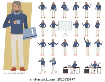 Conjunto de diseño vectorial de carácter Businessman. Presentación en acción diversa con emociones, correr, pararse y caminar. Personas que trabajan en planificación de oficinas, pensamiento y análisis económico.