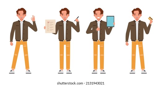 Set of businessman character vector design. Presentation in various action. People working in office planning, thinking and economic analysis.