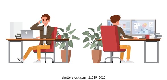 Set of businessman character vector design. Presentation in various action. People working in office planning, thinking and economic analysis.