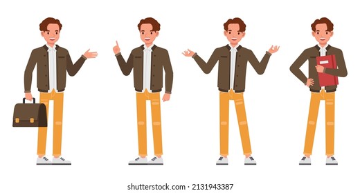 Set of businessman character vector design. Presentation in various action. People working in office planning, thinking and economic analysis.