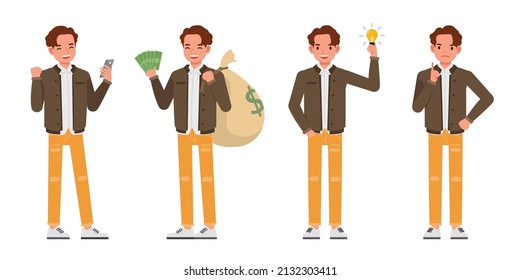 Set of businessman character vector design. Presentation in various action. People working in office planning, thinking and economic analysis.