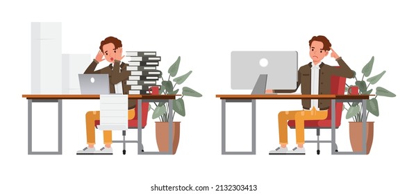 Set of businessman character vector design. Presentation in various action. People working in office planning, thinking and economic analysis.