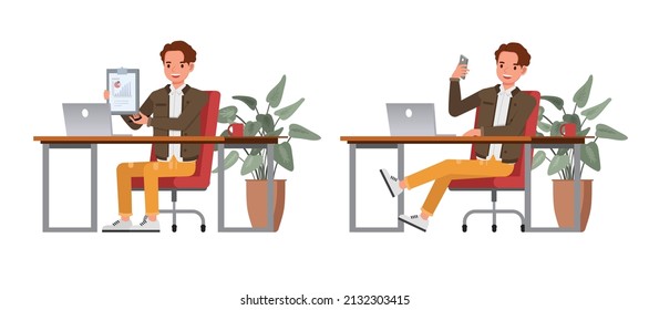 Set of businessman character vector design. Presentation in various action. People working in office planning, thinking and economic analysis.