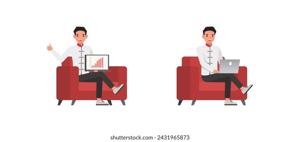 Set of businessman character vector design. Chinese man sitting and showing growth graph on computer illustration. Presentation in various action.