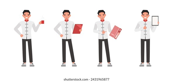 Conjunto de diseño de vector de carácter de hombre de negocios. Hombre chino sosteniendo carpeta y tableta ilustración. Presentación en diversas acciones.