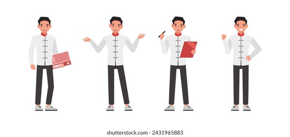 Conjunto de diseño de vector de carácter de hombre de negocios. Hombre chino trabajando y sosteniendo la ilustración de la carpeta. Presentación en diversas acciones.