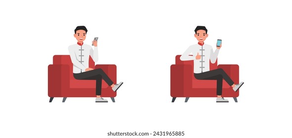 Conjunto de diseño de vector de carácter de hombre de negocios. Hombre chino sentado y mostrando ilustración del teléfono móvil. Presentación en diversas acciones.
