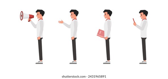 Set of businessman character vector design. Chinese man holding megaphone and working illustration. Presentation in various action.