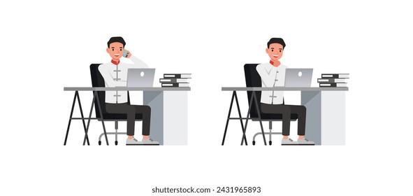 Set of businessman character vector design. Chinese man working and thinking in office illustration. Presentation in various action.