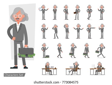 Set of Businessman character vector design doing different gestures. Presentation in various action with emotions, running, standing, walking and working.