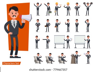 Set of Businessman character vector design doing different gestures. Presentation in various action with emotions, running, standing, walking and working.