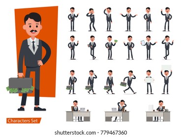 Set of Businessman character vector design doing different gestures. Presentation in various action with emotions, running, standing, walking and working.