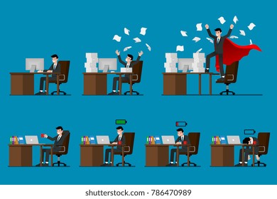 Set of  businessman character work in his office with seven different motion pose. Isolated on blue background. Flat vector design illustration.