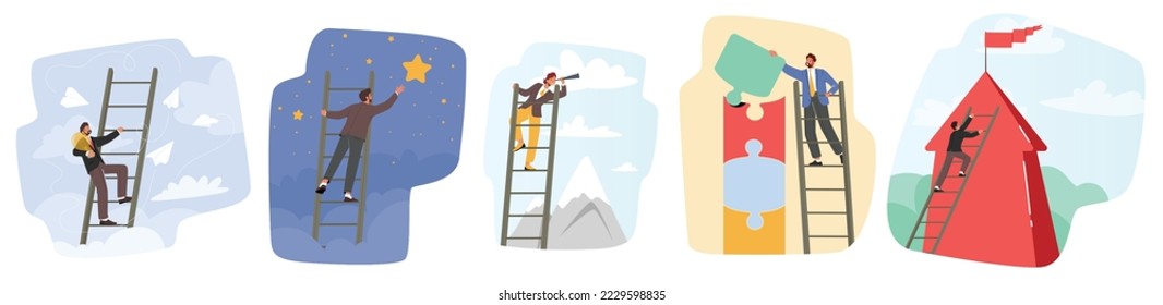 Set of Businessman Characters Climbing Ladder to Take Star from Sky, Assemble Puzzle, Look in Spyglass. Task Solution and Problem Solving, Career Growth Concept. Cartoon People Vector Illustration