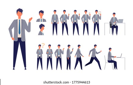 Set of businessman characters in different poses. Working, standing, walking, sitting and running. Vector illustration in flat style.