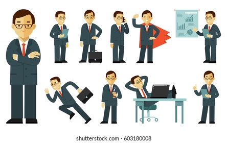 Set of businessman characters in different poses in flat style isolated on white background. Business man in office with gestures and actions