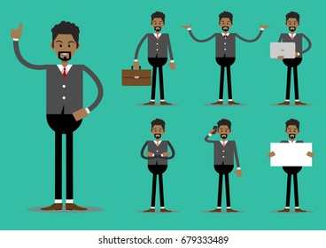 Set of businessman characters in different poses, cartoon flat-style vector illustration.