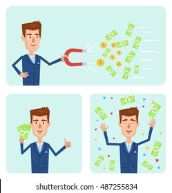 Set of businessman characters in different situations. Businessman attracting money with magnet. Money, financial success concept. Vector illustration