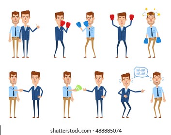 Set of businessman characters in different situations. Conflict, rivalry, cooperation, business team concept. Giving money, handshaking, laughing together. Simple vector illustration