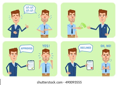 Set of businessman characters in different situations. Laughing together, giving money, approved and declined documents. Business team.