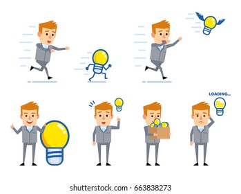 Set of businessman characters with idea bulb posing in diverse situations. Funny businessman pointing, thinking, running and showing other actions. Simple vector illustration