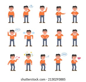 Conjunto de personajes de negocios en pullover naranja mostrando varias emociones. Hombre riendo, durmiendo, llorando, enojado, cansado, enamorado y mostrando otras expresiones. Ilustración vectorial moderna