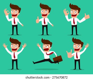 Set of businessman characters poses .Cartoon vector illustration.