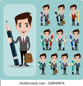 Set of businessman characters poses , office worker with pencil Set , eps10 vector format. Stock Vector illustration Set