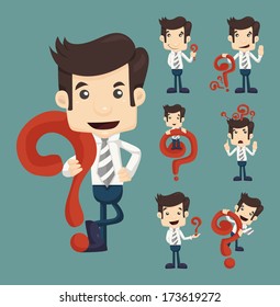 Set of businessman characters poses with question marks , eps10 vector format