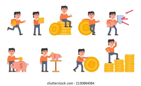 Set of businessman characters posing with big coins in various situations. Modern vector illustration