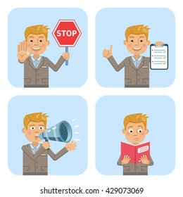 Set of businessman characters posing in different situations. Cheerful businessman holding a stop sign, loudspeaker, clipboard, reading a book. Flat style vector illustration