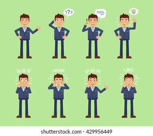 Set of businessman characters posing in different situations. Cheerful businessman thinking, talking on phone, pointing up, laughing, crying, surprised, happy. Flat style vector illustration