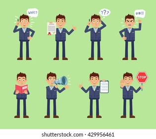 Set of businessman characters posing in different situations. Cheerful businessman talking on phone, thinking, surprised, angry, holding stop sign, book, document. Simple style vector illustration