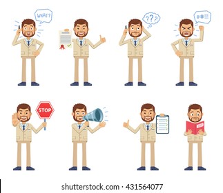 Set of businessman characters posing in different situations. Cheerful businessman talking on cellphone, thinking, surprised, angry, holding stop sign, book, document. Flat style vector illustration.