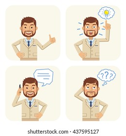 Set of businessman characters posing in different situations. Cheerful businessman talking on phone, thinking, pointing up, showing thumb up gesture. Flat style vector illustration