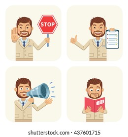 Set of businessman characters posing in different situations. Cheerful businessman holding a stop sign, loudspeaker, clipboard, reading a book. Flat style vector illustration